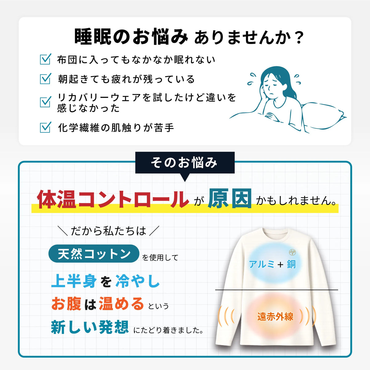 静電気がおきにくい！天然コットン100％ にこだわりました。これまでにない深い眠りを体感。 進化するプラズマグ・リカバリーパジャマ長袖セット
